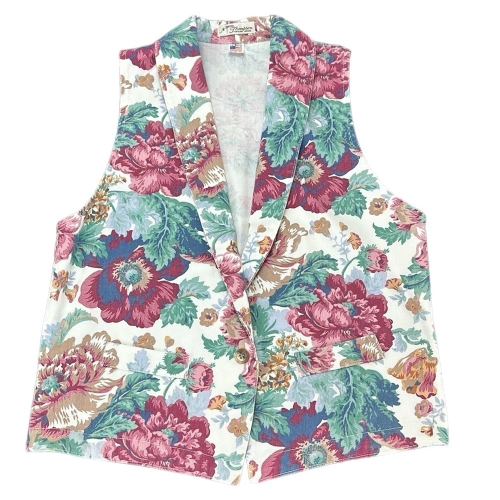 Vintage Norm Thompson Cotton Floral Multi Color Vest‎ Size Large Summer